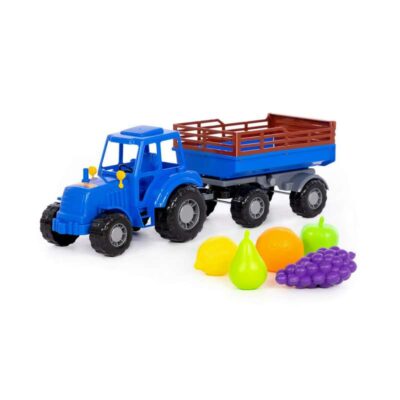 02253 Трактор "Алтай" (синий) с прицепом №2 + набор продуктов (5 элементов) (в сеточке)
