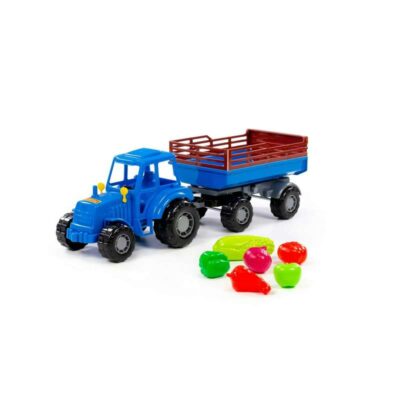 02277 Трактор "Мастер" (синий) с прицепом №2 + набор продуктов (6 элементов) (в сеточке)