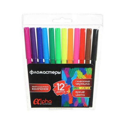 256-235 Фломастеры 12 цветов "Альфа", с цв.вент.колпачком, большие, смываемые