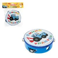STR43 Игрушка деревянная бубен СИНИЙ ТРАКТОР 1 шт. в пак